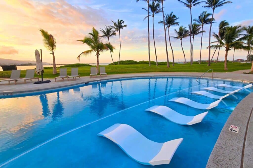 Hampton Inn resort-style pool at sunset on Maui