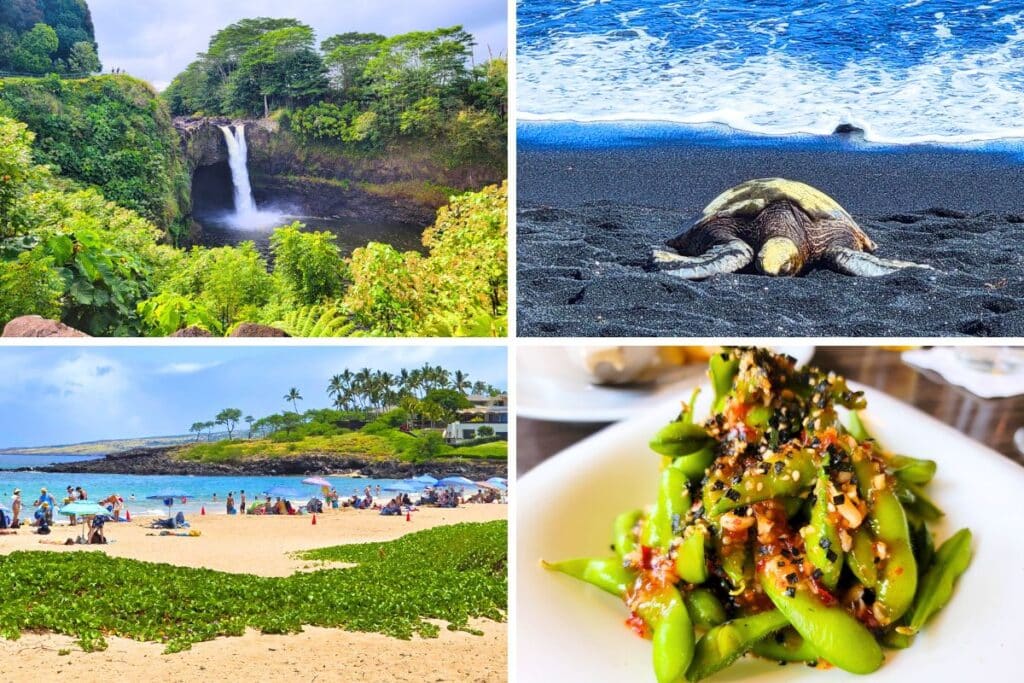 Images of a Big Island Waterfall, a turtle on a black sand beach, people sunbathing on Hapuna Beach, and a plate piled with edamame.