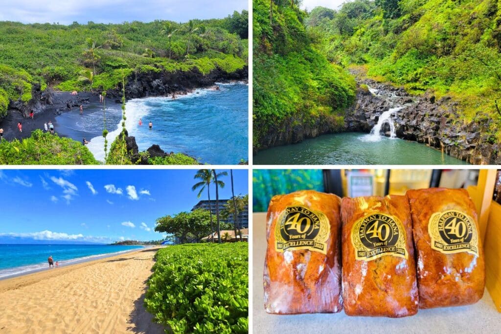 Images of a black sand beach and a waterfall on Maui's Road to Hana, three loaves of banana bread and the white sands of Kaanapali Beach.