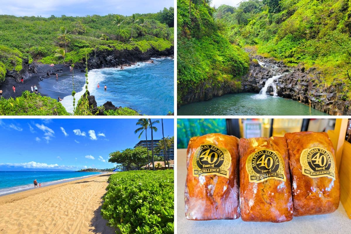Images of a black sand beach and a waterfall on Maui's Road to Hana, three loaves of banana bread and the white sands of Kaanapali Beach.