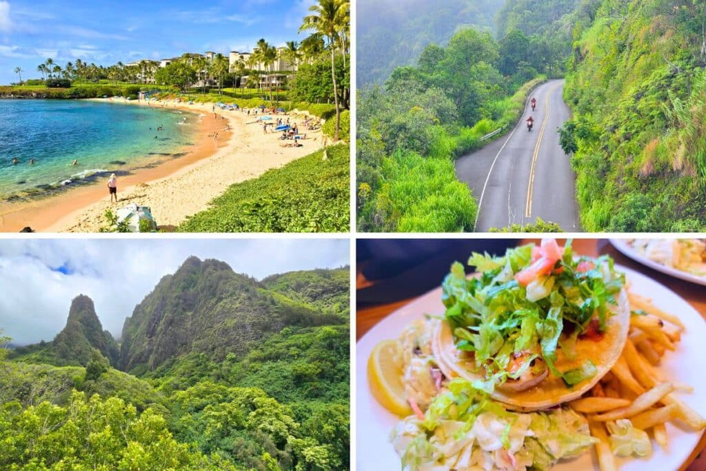 Images of Kapalua Bay beach, motorcycles on the Road to Hana, the Iao Needle surrounded by lush jungle and a fish taco resting on a plate of french fries